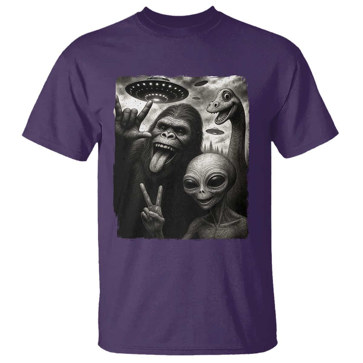Bigfoot Alien Loch Ness Monster T Shirt Funny Cryptid UFO Selfie Sasquatch Rock On - Wonder Print Shop