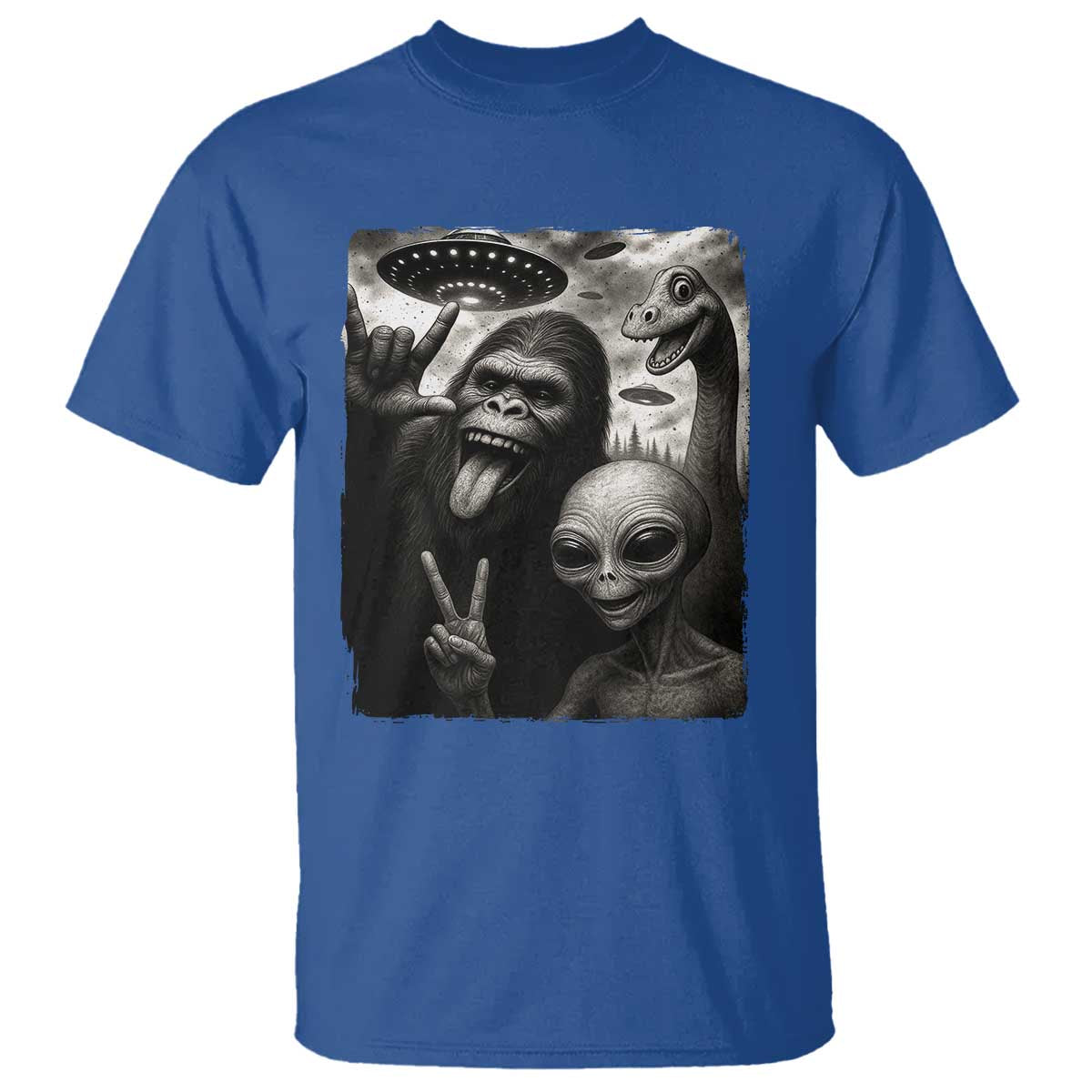Bigfoot Alien Loch Ness Monster T Shirt Funny Cryptid UFO Selfie Sasquatch Rock On - Wonder Print Shop