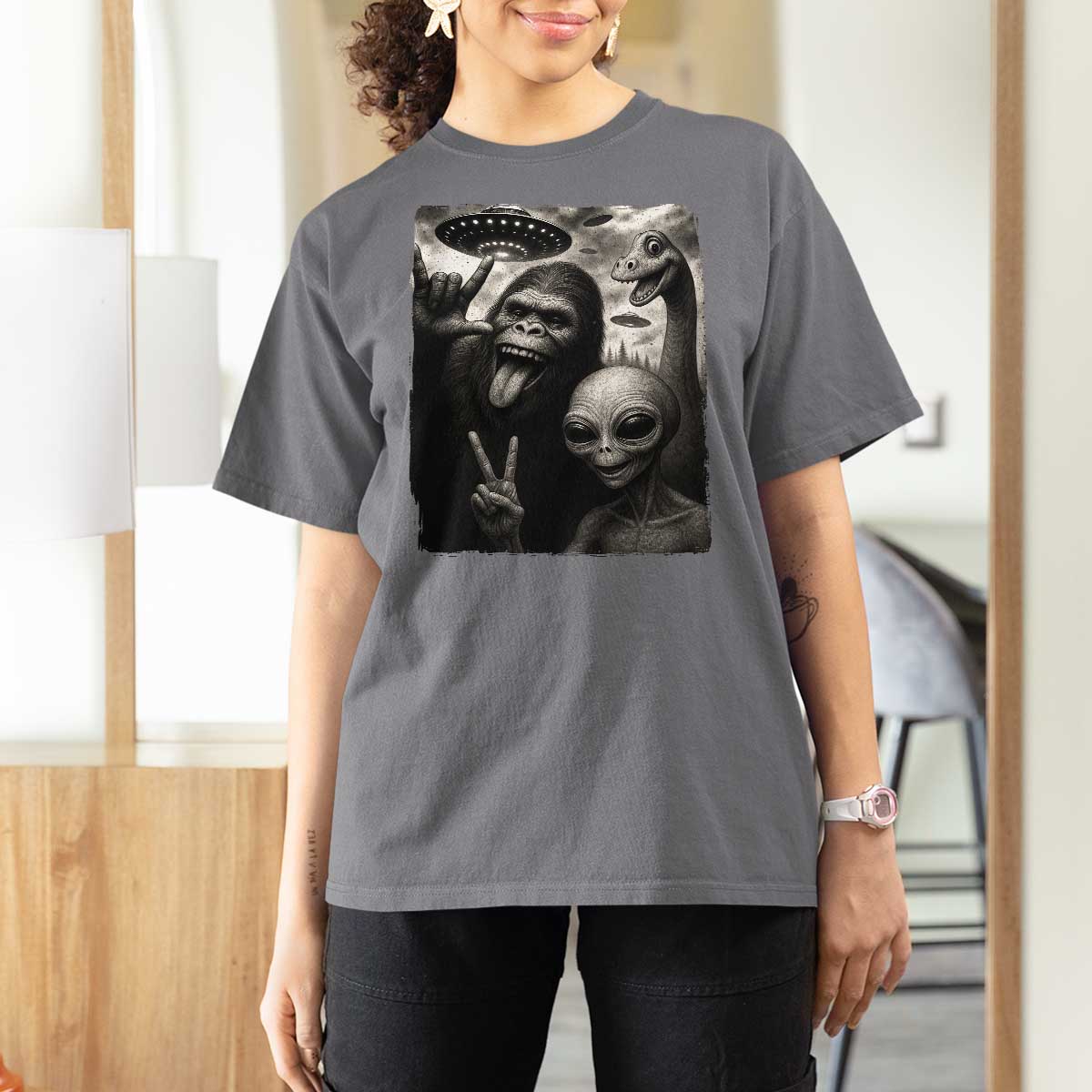 Bigfoot Alien Loch Ness Monster T Shirt For Women Funny Cryptid UFO Selfie Sasquatch Rock On - Wonder Print Shop