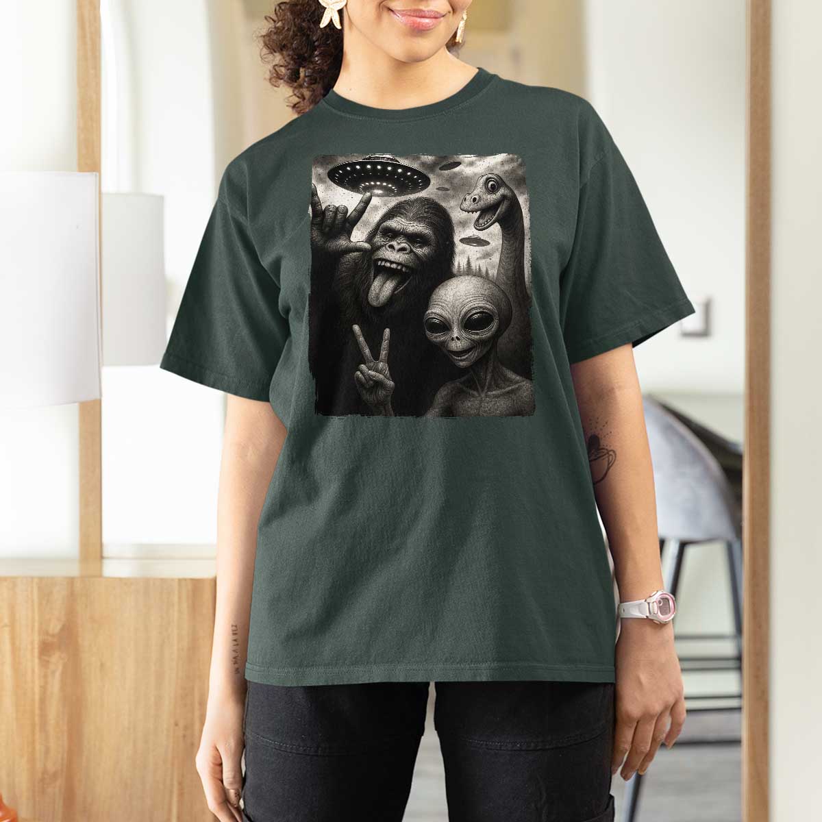 Bigfoot Alien Loch Ness Monster T Shirt For Women Funny Cryptid UFO Selfie Sasquatch Rock On - Wonder Print Shop