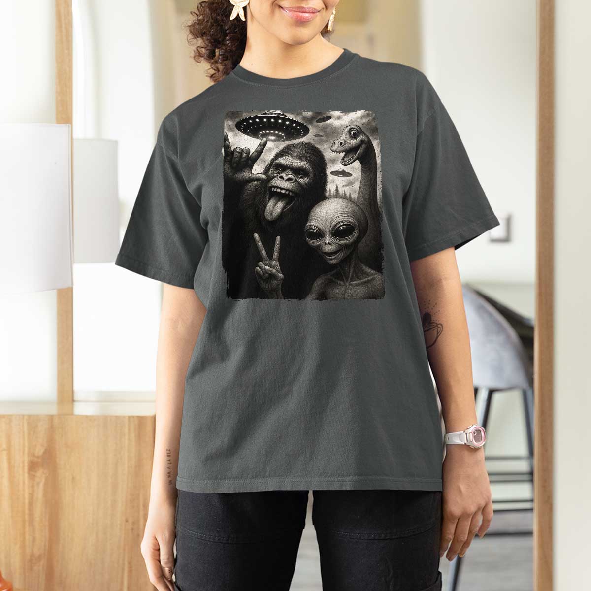 Bigfoot Alien Loch Ness Monster T Shirt For Women Funny Cryptid UFO Selfie Sasquatch Rock On - Wonder Print Shop