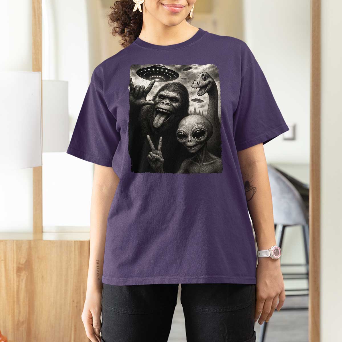 Bigfoot Alien Loch Ness Monster T Shirt For Women Funny Cryptid UFO Selfie Sasquatch Rock On - Wonder Print Shop