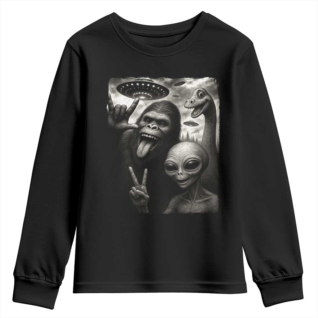 Bigfoot Alien Loch Ness Monster Youth Sweatshirt Funny Cryptid UFO Selfie Sasquatch Rock On - Wonder Print Shop
