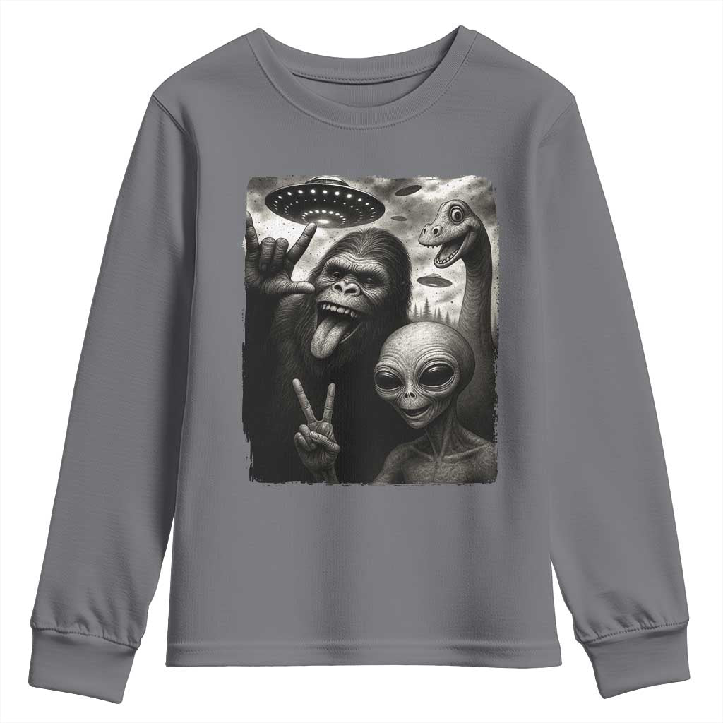 Bigfoot Alien Loch Ness Monster Youth Sweatshirt Funny Cryptid UFO Selfie Sasquatch Rock On - Wonder Print Shop