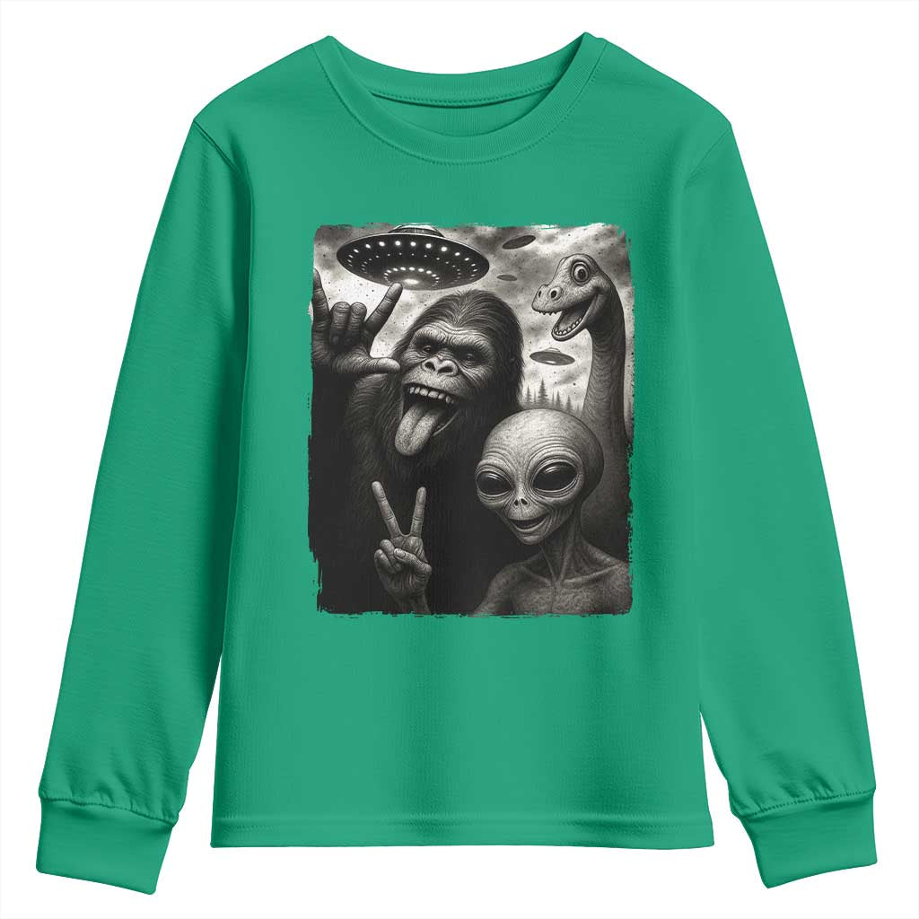 Bigfoot Alien Loch Ness Monster Youth Sweatshirt Funny Cryptid UFO Selfie Sasquatch Rock On - Wonder Print Shop
