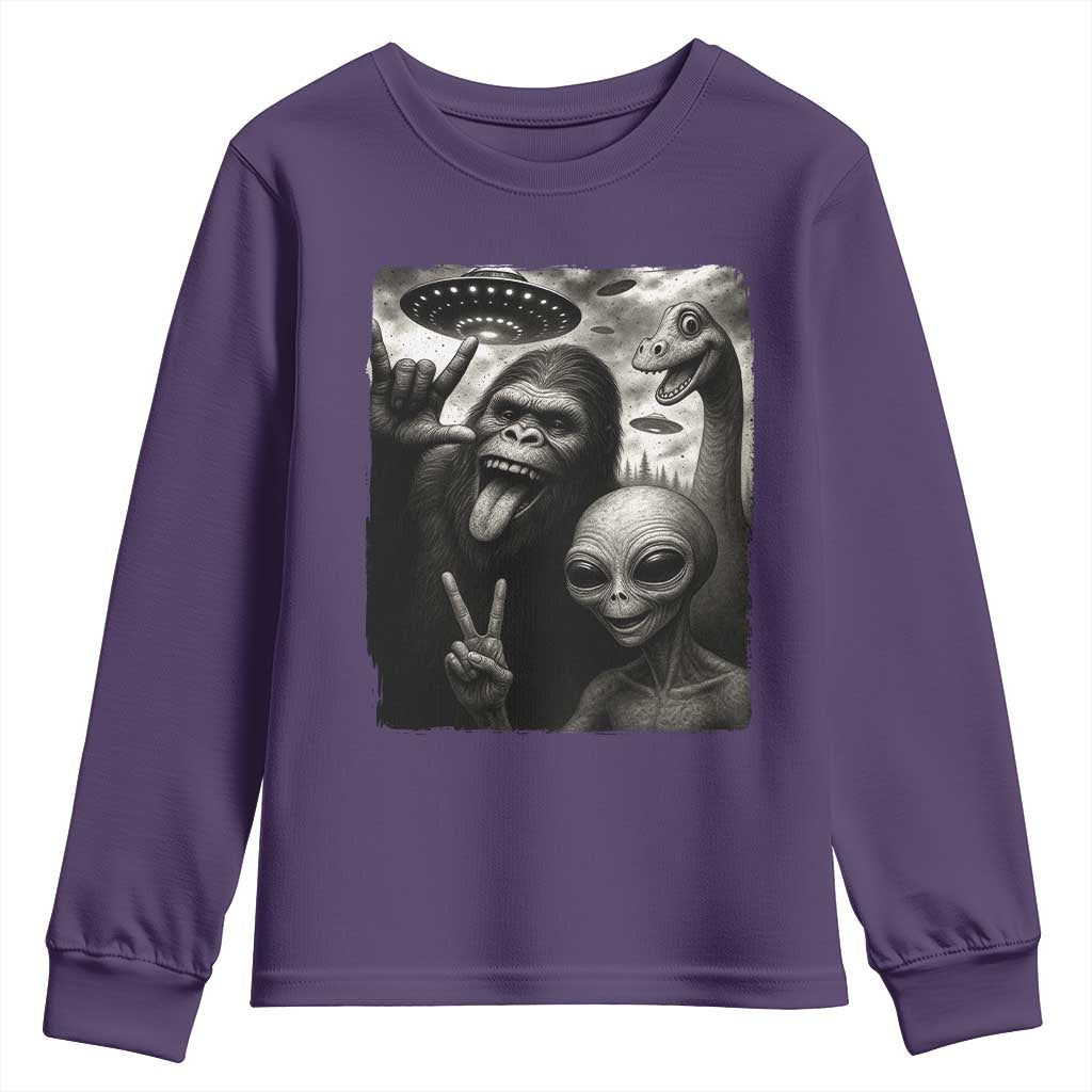 Bigfoot Alien Loch Ness Monster Youth Sweatshirt Funny Cryptid UFO Selfie Sasquatch Rock On - Wonder Print Shop