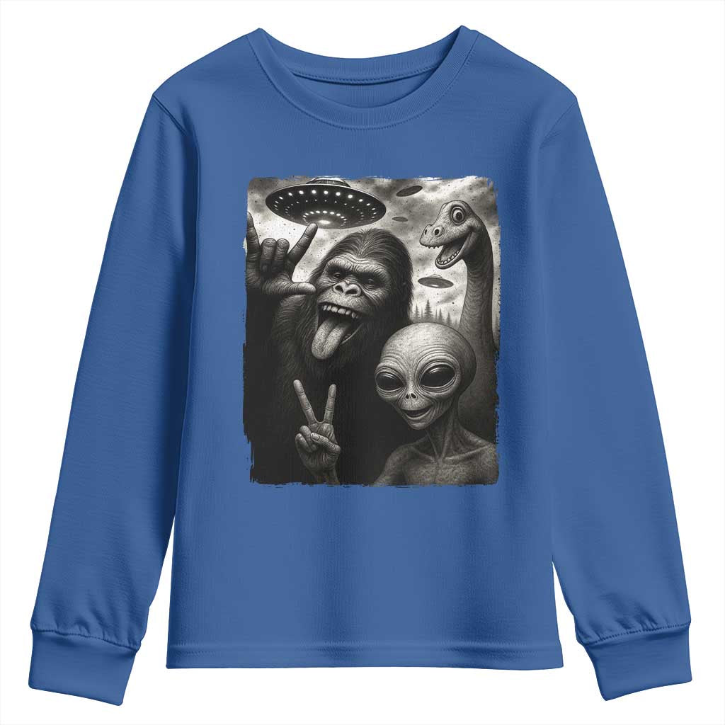 Bigfoot Alien Loch Ness Monster Youth Sweatshirt Funny Cryptid UFO Selfie Sasquatch Rock On - Wonder Print Shop