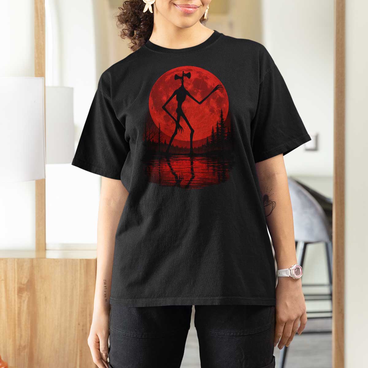 Siren Head T Shirt For Women Supernatural American Cryptid Full Blood Moon Halloween - Wonder Print Shop