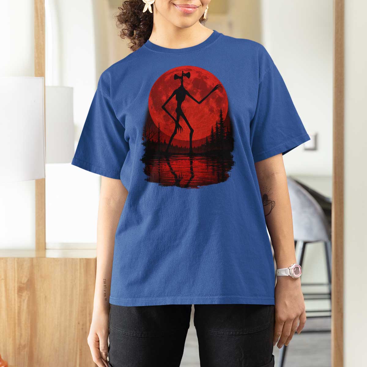Siren Head T Shirt For Women Supernatural American Cryptid Full Blood Moon Halloween - Wonder Print Shop