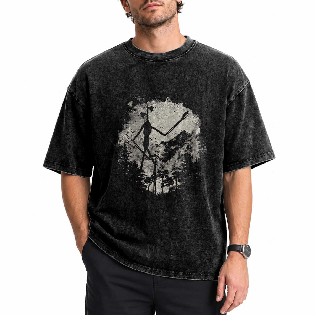 Siren Head Washed Cotton T-Shirt Retro Vintage American Cryptid Mountain Trees