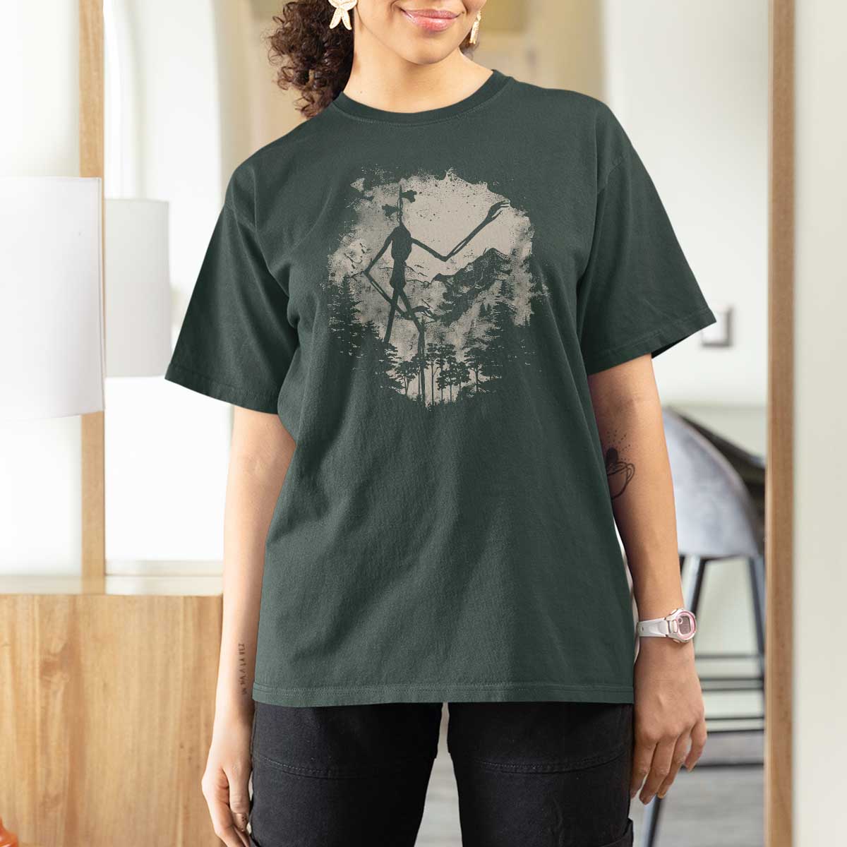Siren Head T Shirt For Women Retro Vintage American Cryptid Mountain Trees - Wonder Print Shop