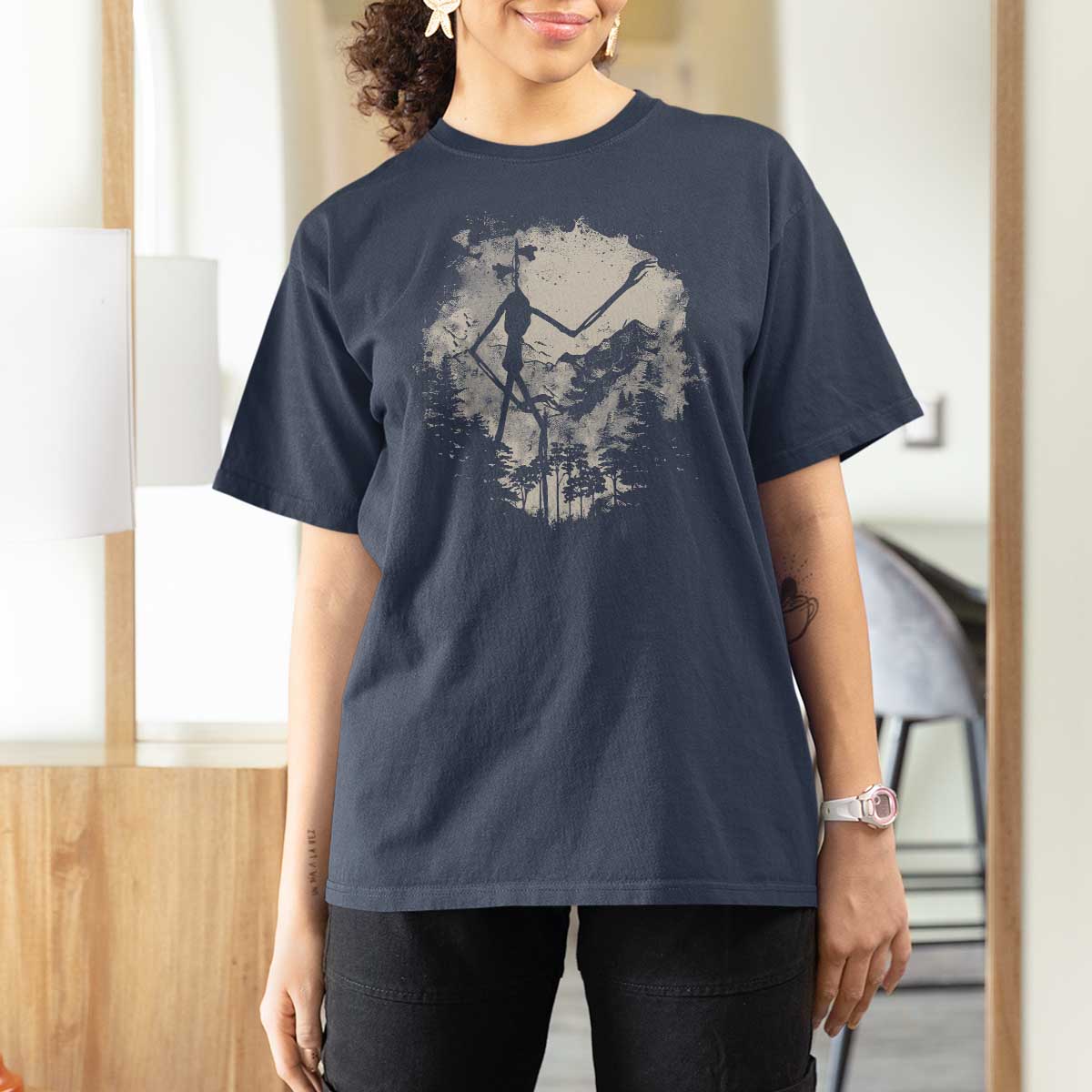 Siren Head T Shirt For Women Retro Vintage American Cryptid Mountain Trees - Wonder Print Shop