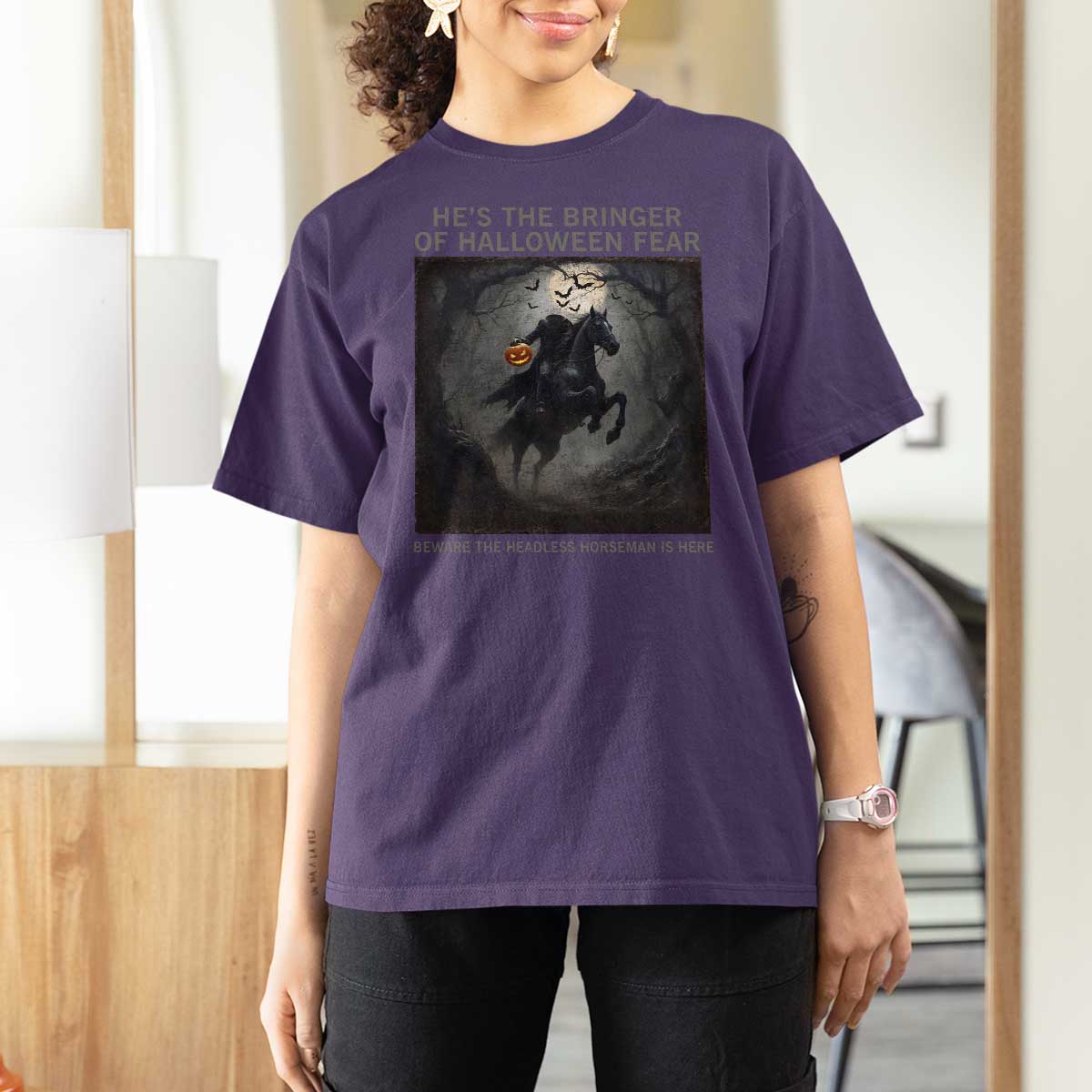 Headless Horseman T Shirt For Women Vintage Gothic Scary Costume Halloween October Festive - Wonder Print Shop