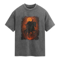 Scary Pumpkin Headless Horseman Halloween Washed Cotton T-Shirt