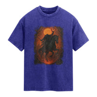 Scary Pumpkin Headless Horseman Halloween Washed Cotton T-Shirt