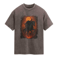Scary Pumpkin Headless Horseman Halloween Washed Cotton T-Shirt