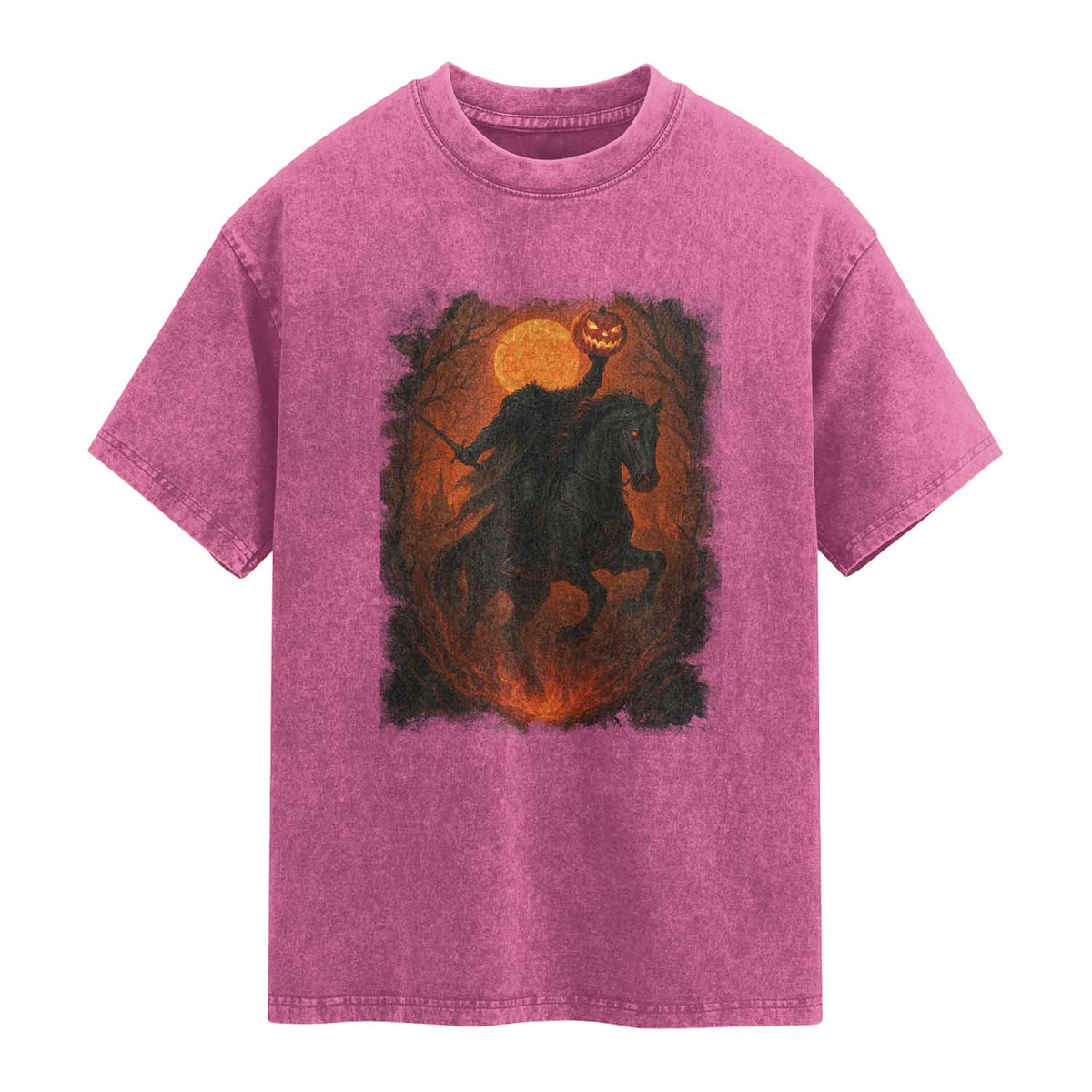Scary Pumpkin Headless Horseman Halloween Washed Cotton T-Shirt