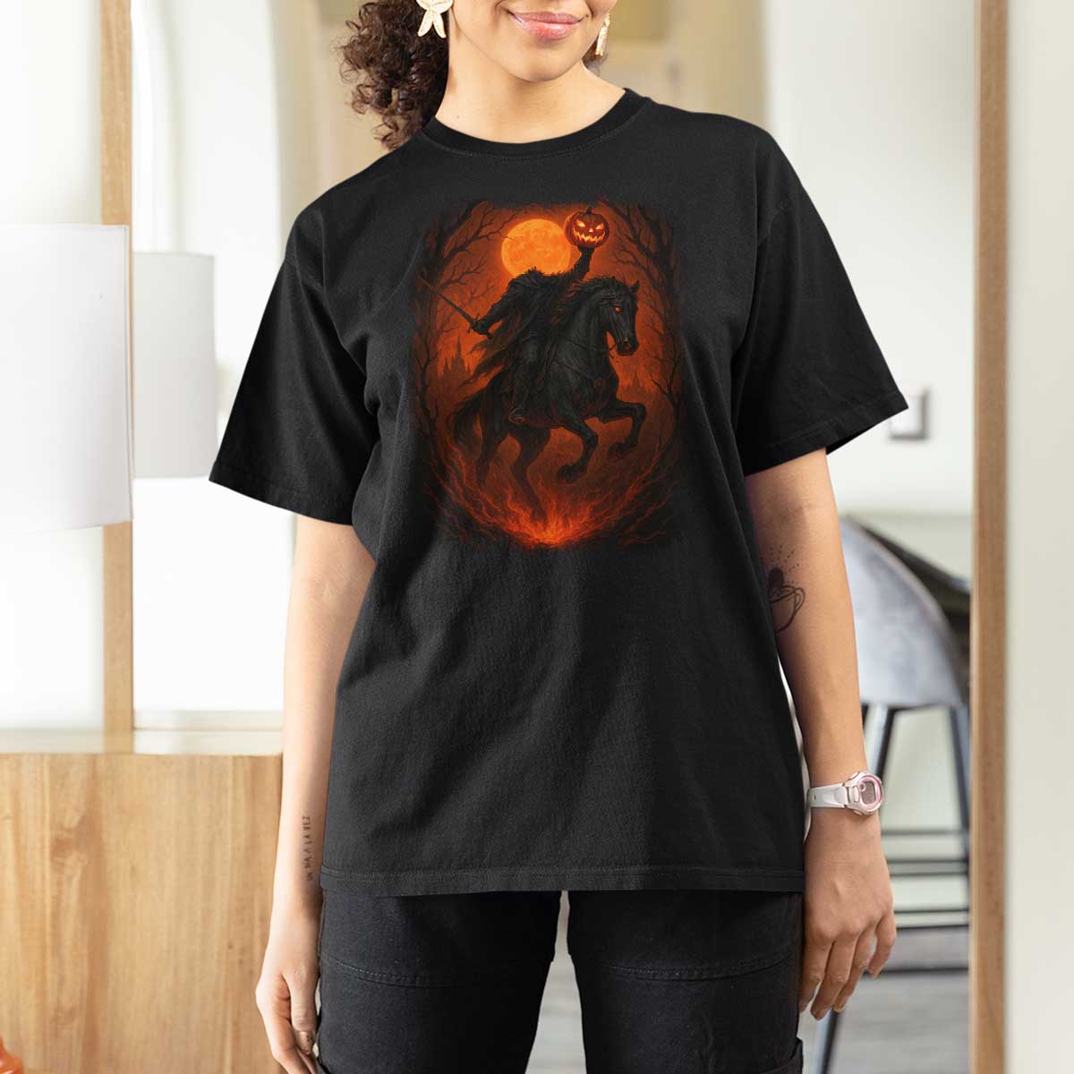 Scary Pumpkin Headless Horseman Halloween T Shirt For Women - Wonder Print Shop