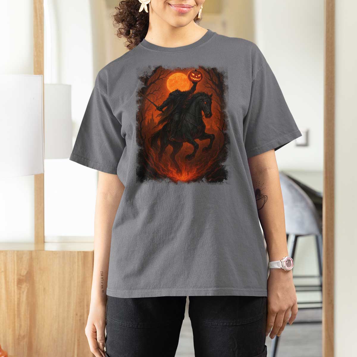 Scary Pumpkin Headless Horseman Halloween T Shirt For Women - Wonder Print Shop