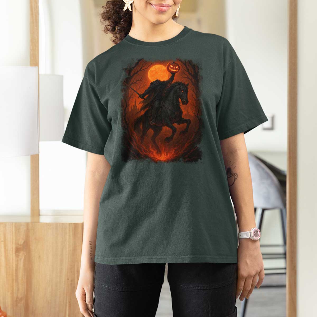 Scary Pumpkin Headless Horseman Halloween T Shirt For Women - Wonder Print Shop