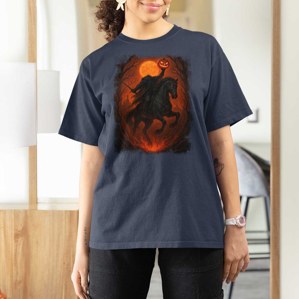 Scary Pumpkin Headless Horseman Halloween T Shirt For Women - Wonder Print Shop