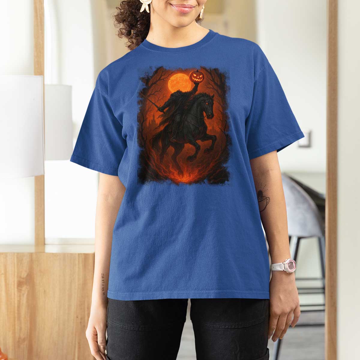 Scary Pumpkin Headless Horseman Halloween T Shirt For Women - Wonder Print Shop