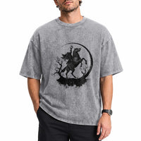 Headless Horseman Washed Cotton T-Shirt Retro Gothic Scary Pumpkin Moon Halloween Costume