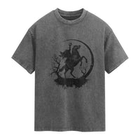 Headless Horseman Washed Cotton T-Shirt Retro Gothic Scary Pumpkin Moon Halloween Costume