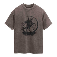 Headless Horseman Washed Cotton T-Shirt Retro Gothic Scary Pumpkin Moon Halloween Costume
