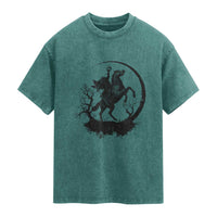 Headless Horseman Washed Cotton T-Shirt Retro Gothic Scary Pumpkin Moon Halloween Costume