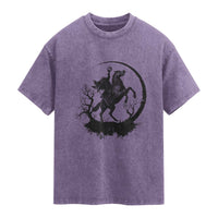 Headless Horseman Washed Cotton T-Shirt Retro Gothic Scary Pumpkin Moon Halloween Costume