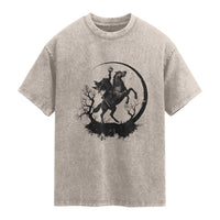 Headless Horseman Washed Cotton T-Shirt Retro Gothic Scary Pumpkin Moon Halloween Costume