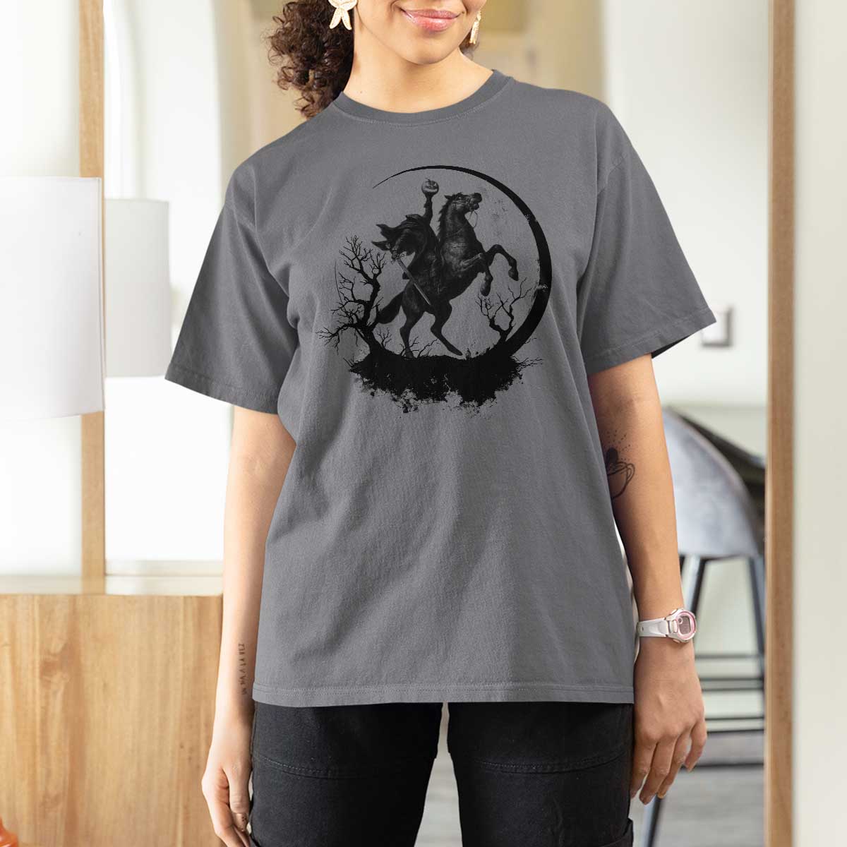 Headless Horseman T Shirt For Women Retro Gothic Scary Pumpkin Moon Halloween Costume - Wonder Print Shop