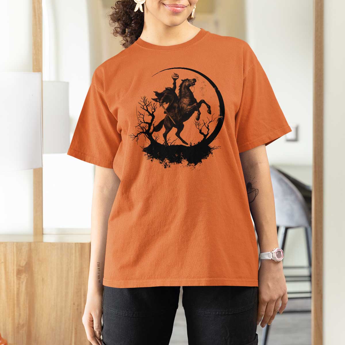 Headless Horseman T Shirt For Women Retro Gothic Scary Pumpkin Moon Halloween Costume - Wonder Print Shop