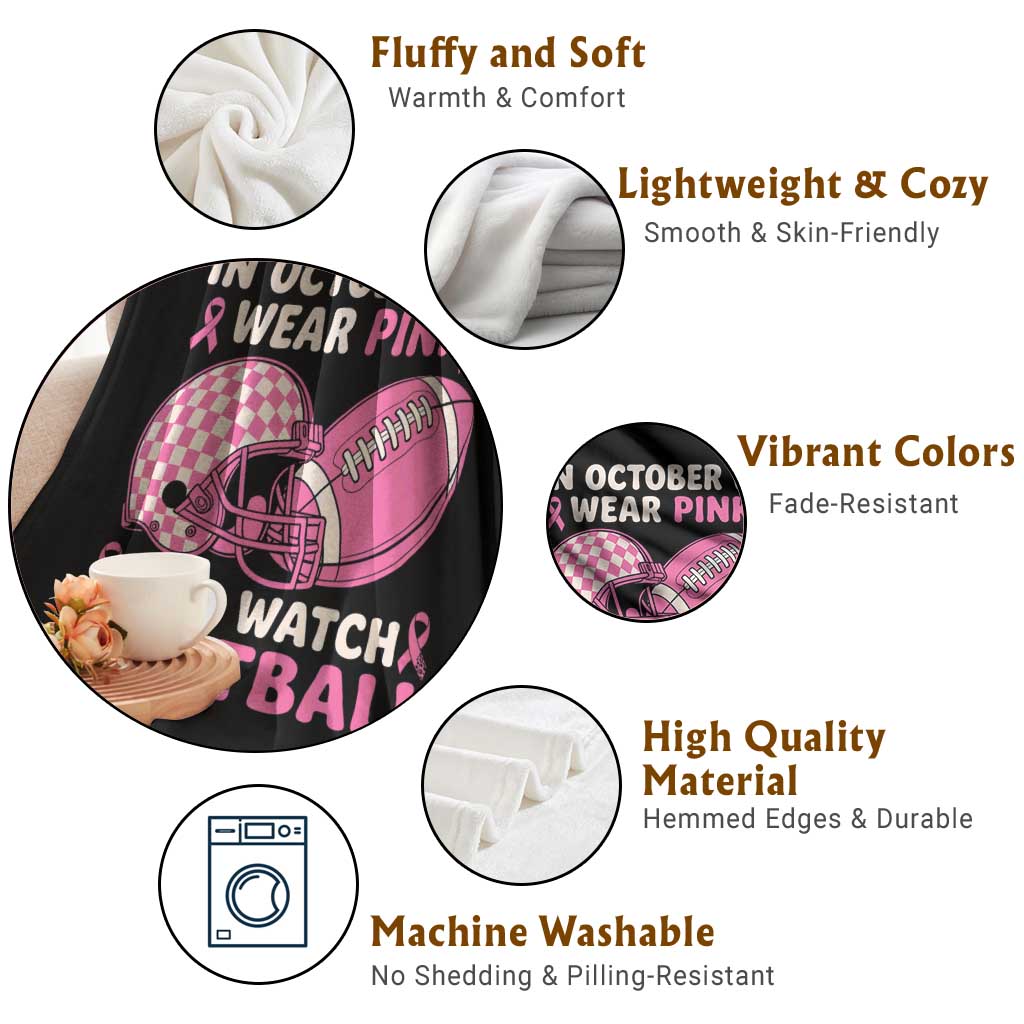 In October We Wear Pink Football Breast Cancer Awareness Throw Blanket Pink Ribbon Checkered Game Day - Wonder Print Shop