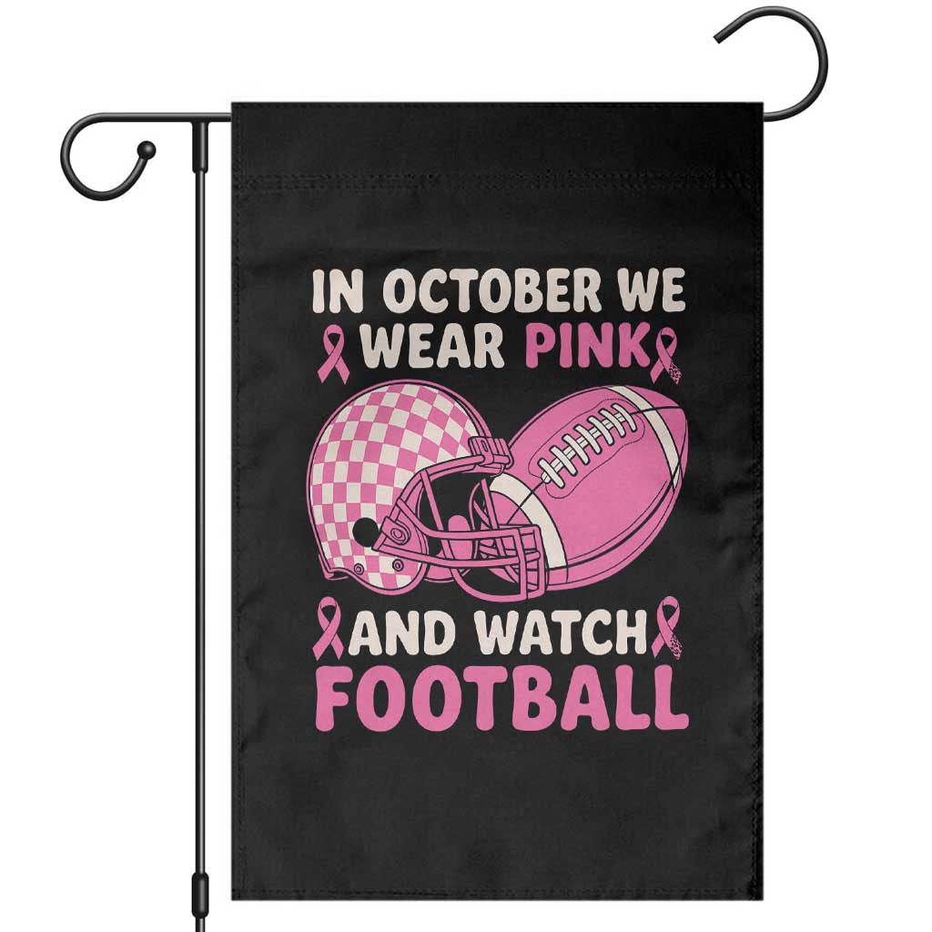 In October We Wear Pink Football Breast Cancer Awareness Garden Flag Pink Ribbon Checkered Game Day - Wonder Print Shop