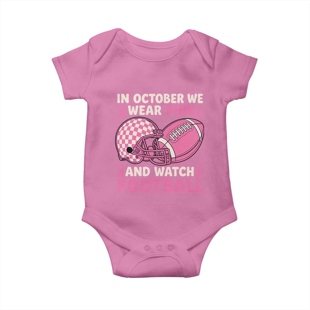 In October We Wear Pink Football Breast Cancer Awareness Baby Onesie Pink Ribbon Checkered Game Day - Wonder Print Shop