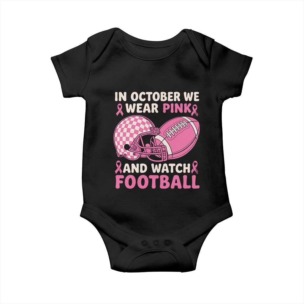 In October We Wear Pink Football Breast Cancer Awareness Baby Onesie Pink Ribbon Checkered Game Day - Wonder Print Shop