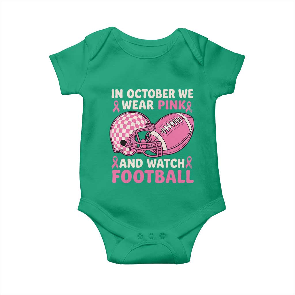 In October We Wear Pink Football Breast Cancer Awareness Baby Onesie Pink Ribbon Checkered Game Day - Wonder Print Shop