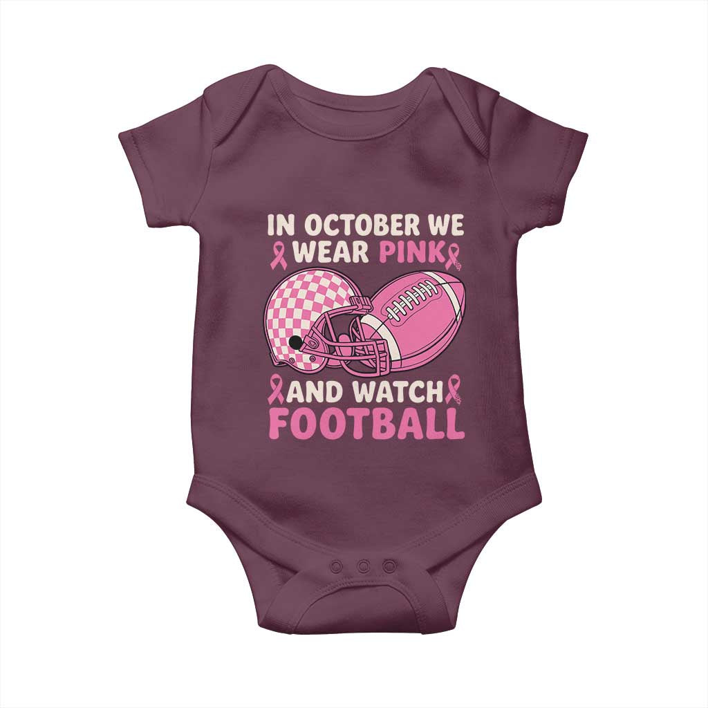 In October We Wear Pink Football Breast Cancer Awareness Baby Onesie Pink Ribbon Checkered Game Day - Wonder Print Shop