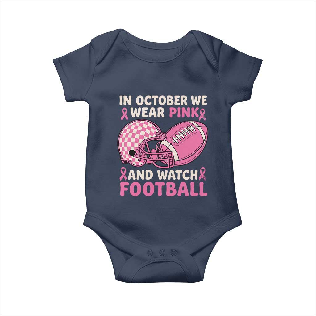 In October We Wear Pink Football Breast Cancer Awareness Baby Onesie Pink Ribbon Checkered Game Day - Wonder Print Shop