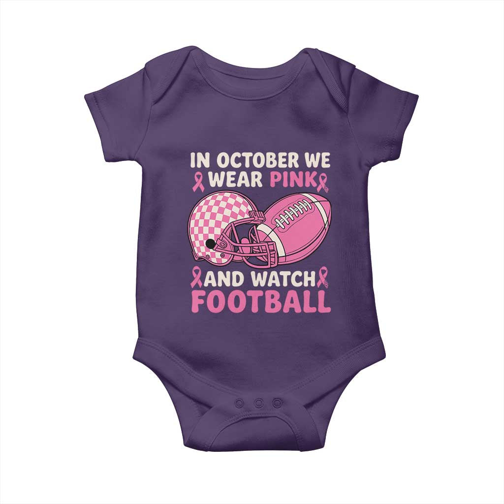 In October We Wear Pink Football Breast Cancer Awareness Baby Onesie Pink Ribbon Checkered Game Day - Wonder Print Shop