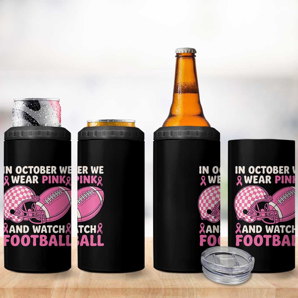 In October We Wear Pink Football Breast Cancer Awareness 4 in 1 Can Cooler Tumbler Pink Ribbon Checkered Game Day - Wonder Print Shop