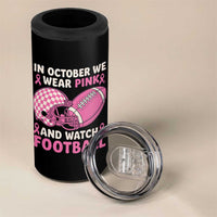 In October We Wear Pink Football Breast Cancer Awareness 4 in 1 Can Cooler Tumbler Pink Ribbon Checkered Game Day - Wonder Print Shop