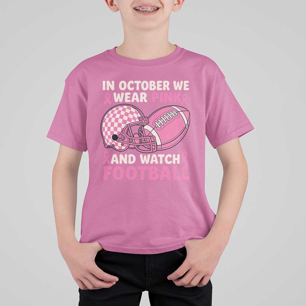 In October We Wear Pink Football Breast Cancer Awareness T Shirt For Kid Pink Ribbon Checkered Game Day - Wonder Print Shop