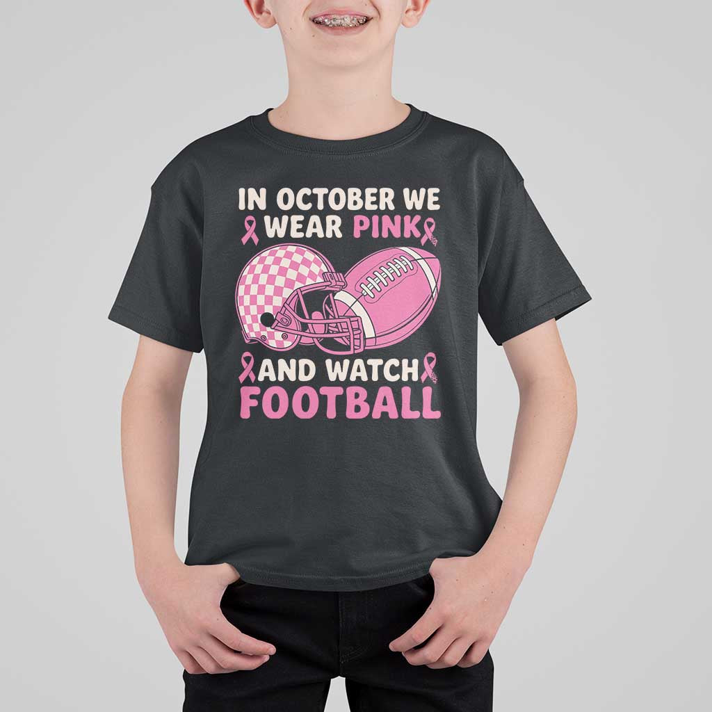In October We Wear Pink Football Breast Cancer Awareness T Shirt For Kid Pink Ribbon Checkered Game Day - Wonder Print Shop