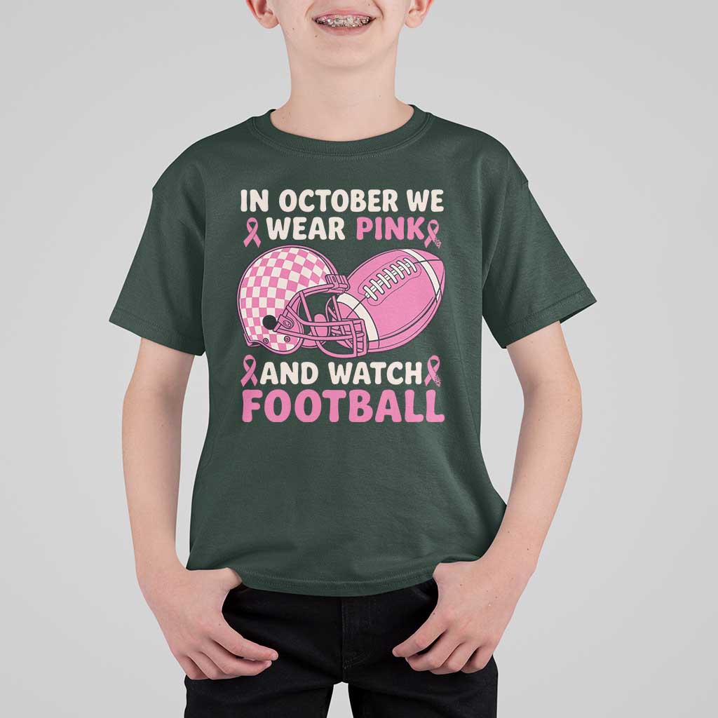 In October We Wear Pink Football Breast Cancer Awareness T Shirt For Kid Pink Ribbon Checkered Game Day - Wonder Print Shop