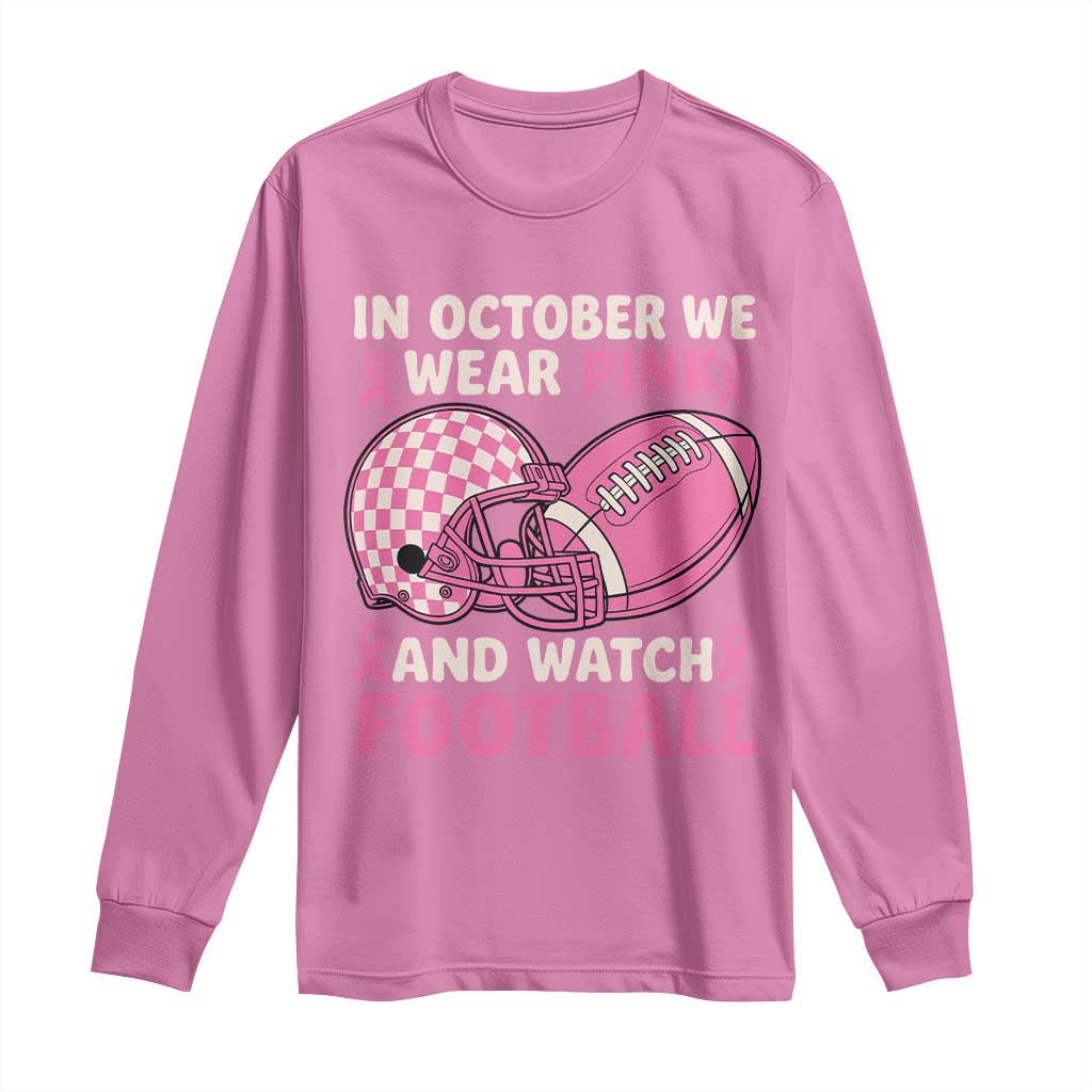 In October We Wear Pink Football Breast Cancer Awareness Long Sleeve Shirt Pink Ribbon Checkered Game Day - Wonder Print Shop