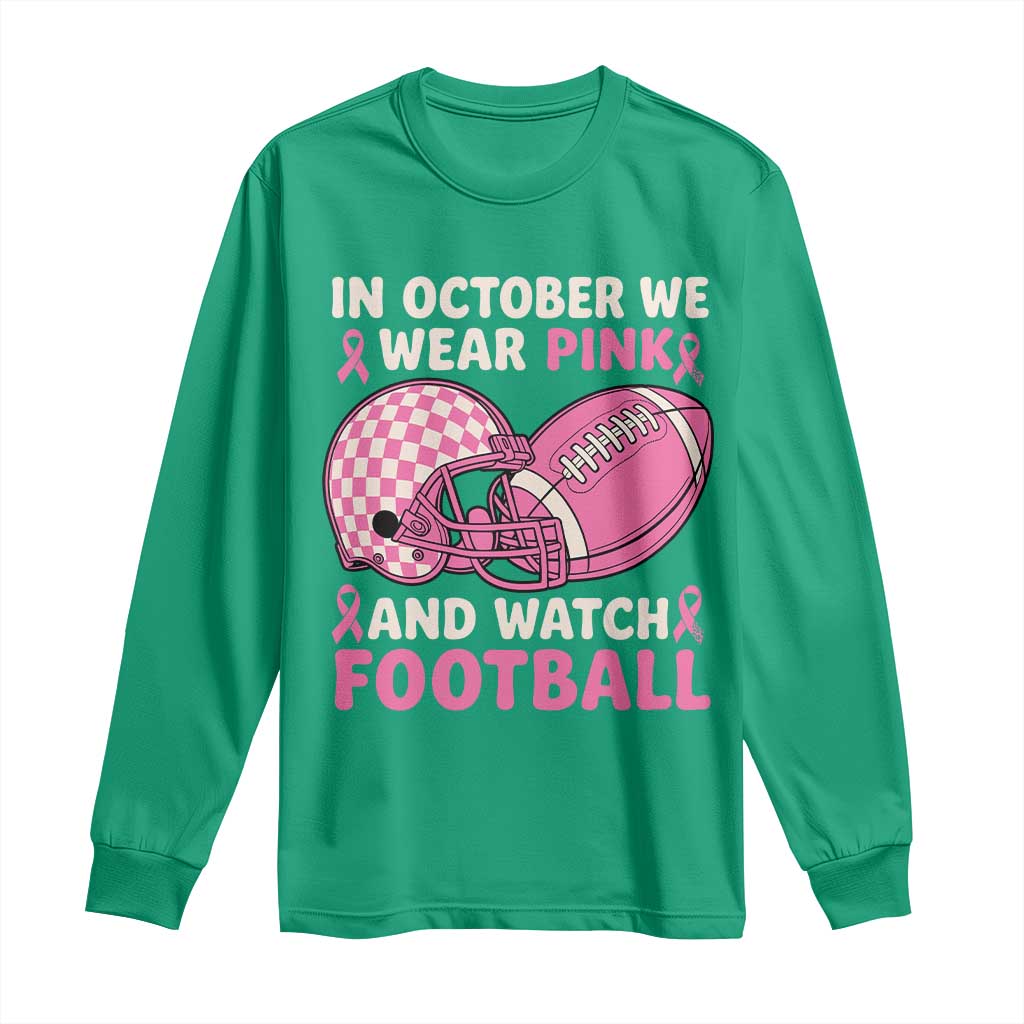 In October We Wear Pink Football Breast Cancer Awareness Long Sleeve Shirt Pink Ribbon Checkered Game Day - Wonder Print Shop