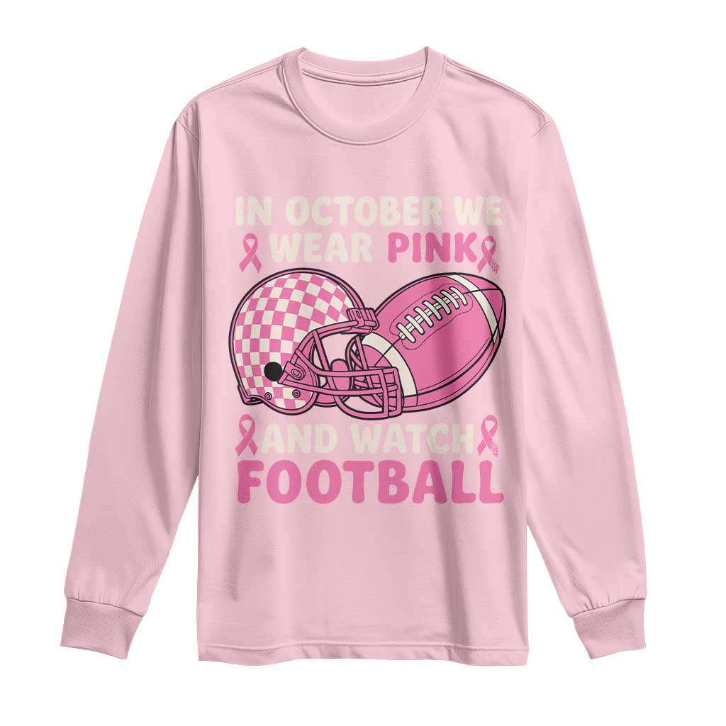 In October We Wear Pink Football Breast Cancer Awareness Long Sleeve Shirt Pink Ribbon Checkered Game Day - Wonder Print Shop